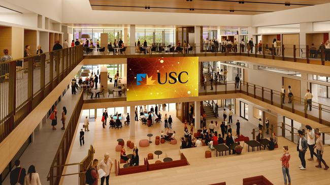 USC Moreton Bay campus foundation building. Artist’s impression of the large amphitheatre inside the foundation building that will be used for community events. Picture: Hassell Studio