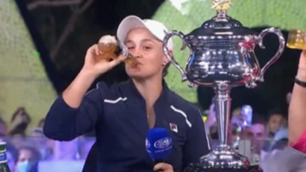 Just let the champion enjoy a beer. Photo: Channel 9