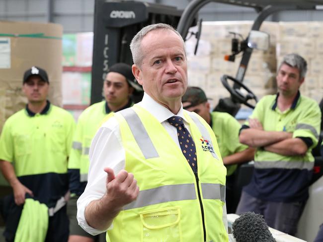 NEWS2019ELECTION 09/05/2019. DAY 29 Labor Leader Bill Shorten talks to ACFS port logistics workers at the Port of Brisbane, where his electioneering continues. Picture: Liam Kidston