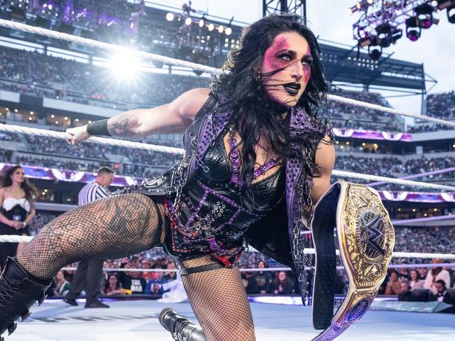 PHILADELPHIA, PENNSYLVANIA - APRIL 6: Rhea Ripley enters the ring during Night One of WrestleMania 40 at Lincoln Financial Field on April 6, 2024 in Philadelphia, Pennsylvania. (Photo by WWE)