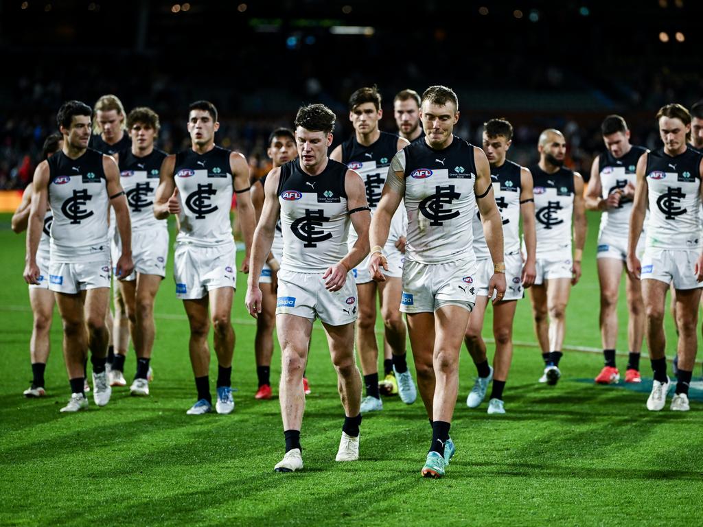 Patrick Cripps leads the Blues off Adelaide Oval. Picture: Mark Brake/Getty Images