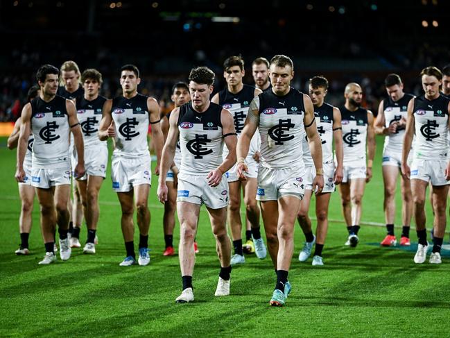 Patrick Cripps leads the Blues off Adelaide Oval. Picture: Mark Brake/Getty Images