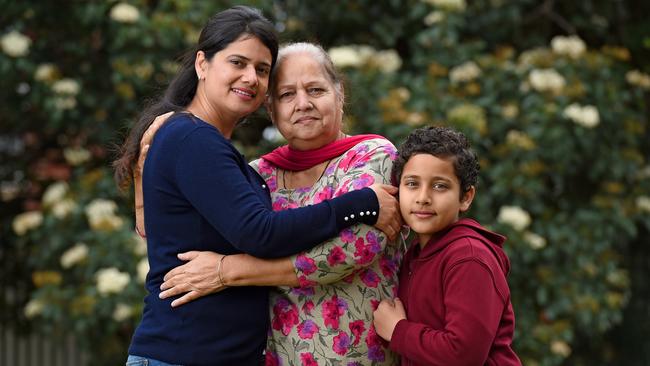 Preet with her son Abir Rakhra, 10, and her mother Balbir Kaur, at their home in Parkside. Picture: Naomi Jellicoe