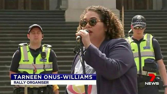 26/01/2018: Tarneen Onus-Williams, organiser with Warriors of the Aboriginal Resistance (WAR), at an Invasion Day rally in Melbourne on Australia Day saying "F..k Australia, I hope it f..king burns to the ground.’’ Source: Channel 7