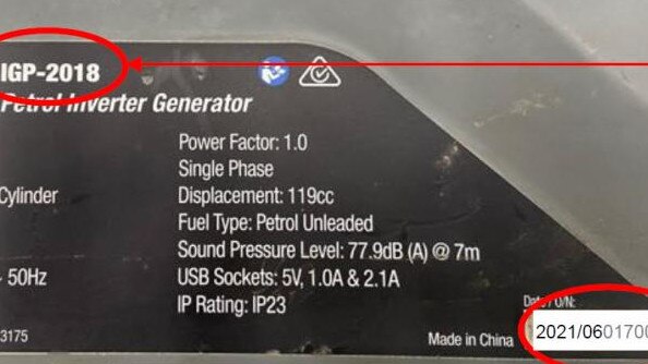 Consumers can check the model number (top left corner) and batch number (bottom right corner) on the information label. Picture: Product Safety Australia