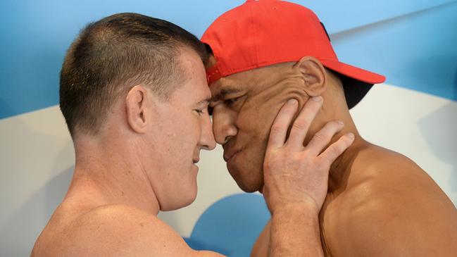 Paul Gallen and John Hopoate weigh in on the scales as a preview for the upcoming fight at the Star of the Ring charity fight night in Sydney, Thursday, February 7, 2019. (AAP Image/Jeremy Piper) NO ARCHIVING