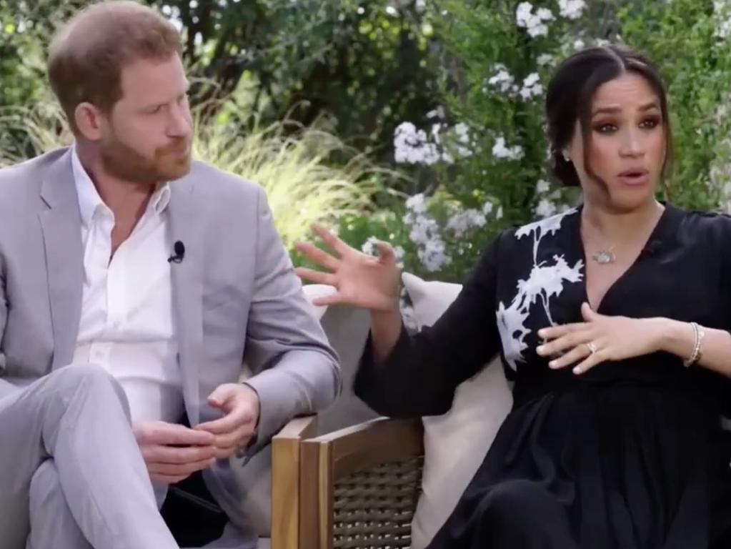 Harry and Meghan seen during interview with Oprah Winfrey. Picture: CBS