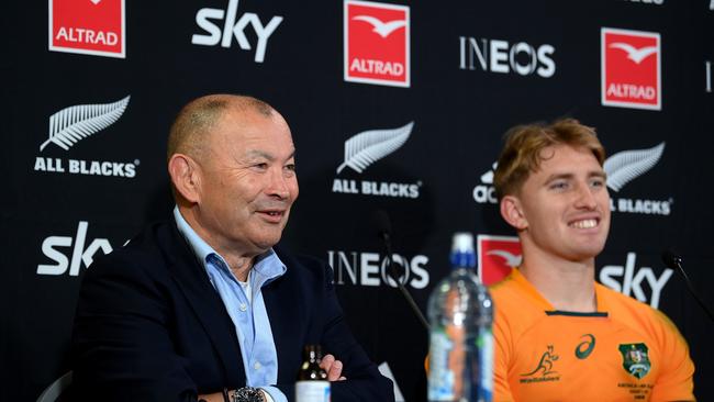 Wallabies head coach Eddie Jones and Tate McDermott face the media after their Bledisloe loss. Picture: Getty