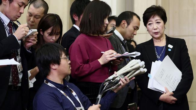 Tokyo Governor Yuriko Koike (R) speaks to the media after meeting with Coates. Picture: AFP