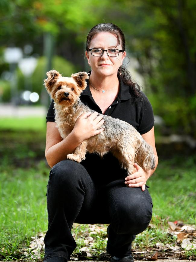 Henriette Lategan with her 6yo Yorkshire Terrier Jakkals, urging people to look out for toads in their backyards. Picture: Alix Sweeney