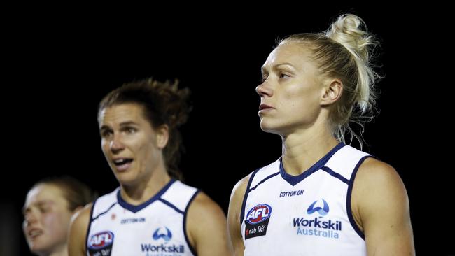 Adelaide stars Erin Phillips and Chelsea Randall after the loss to Melbourne on Saturday night. Picture: Getty Images