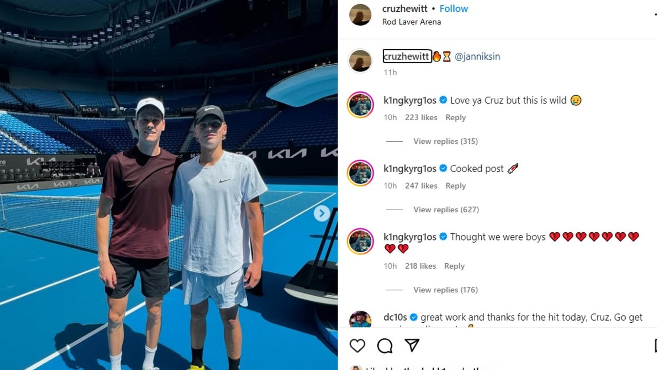 Nick Kyrgios wasn't happy to see Cruz Hewitt having a hit with Jannik Sinner. Photo: Instagram.