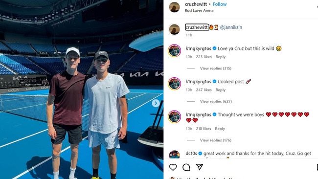 Nick Kyrgios wasn't happy to see Cruz Hewitt having a hit with Jannik Sinner. Photo: Instagram.