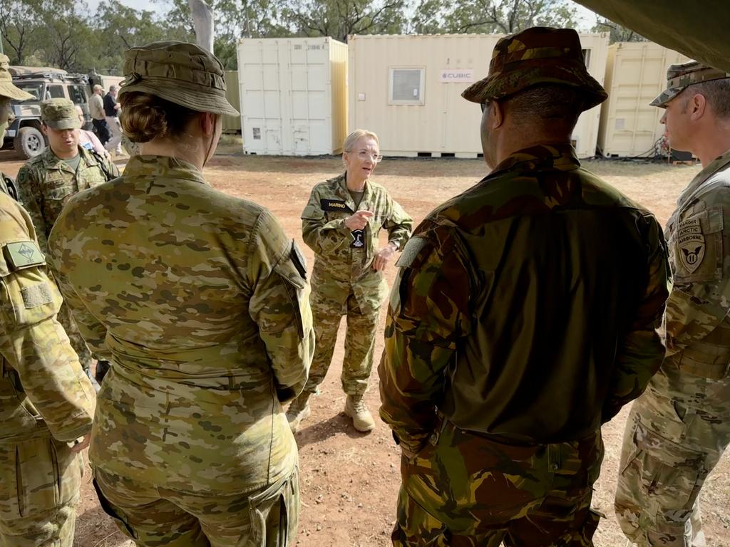 The shadow Assistant Minister for Education and the member for Forrest, Nola Marino chatting to soldiers from the Australian Defence Force, Japanese Self-Defense force and U.S. Army while visiting the Townsville Field Training Area for Exercise Brolga Run 2024. Photo: Major Taylor Lynch