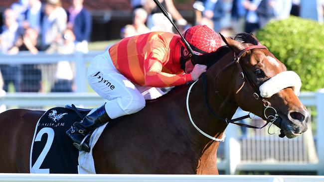 Apache Chase storms to victory in Nudgee Old Boys Cup at Eagle Farm under jockey Jim Byrne. Picture: Trackside Photography