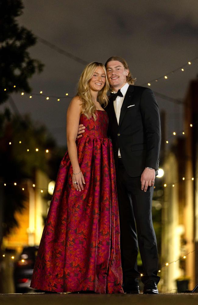 AFL rising star Harley Reid and AFLW girlfriend Yasmin Duursma prepping for Brownlow Award red carpet debut At Jason Grech studio. Picture: Jason Edwards