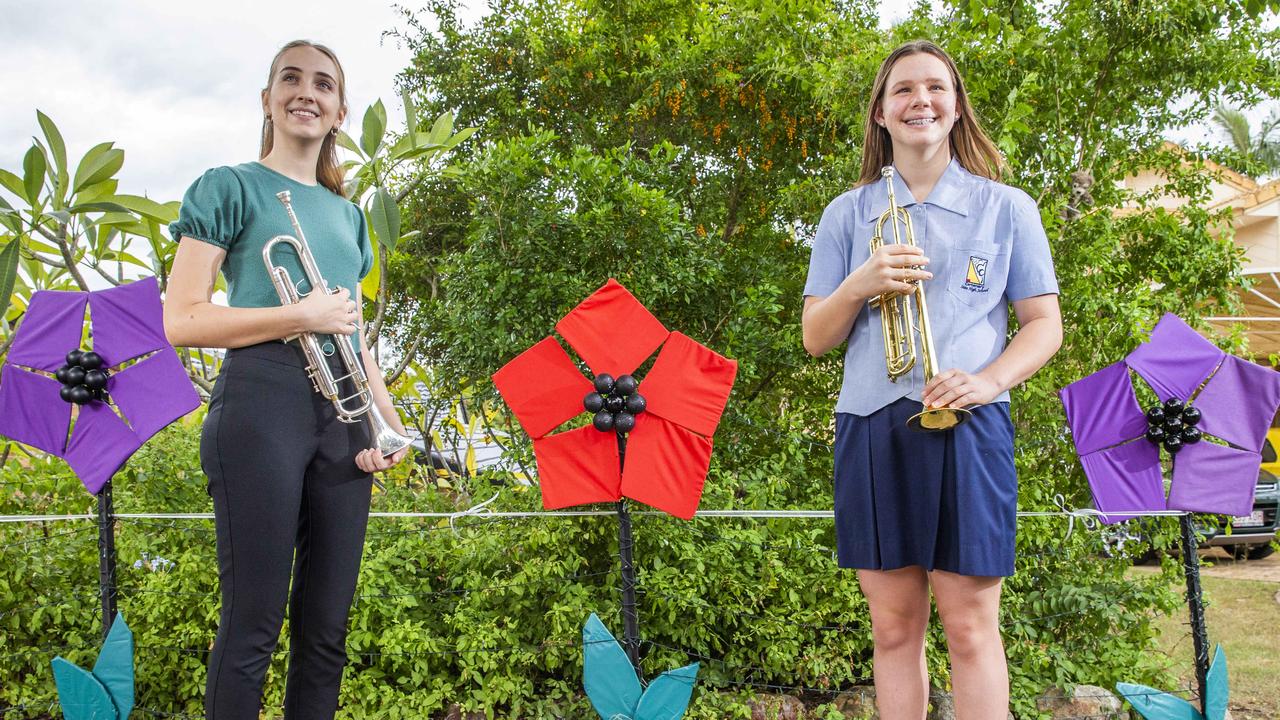 Anzac Day musicians Sophie Kukulies and Neve Longmire will be among many musicians performing in their driveways to honour the Anzacs on Saturday morning. Picture: Richard Walker