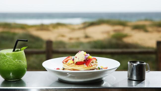 Love the view: buttermilk pancakes with the green power smoothie.