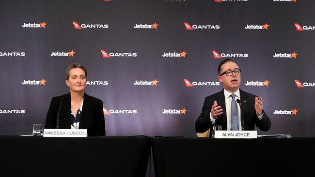 Qantas chief financial officer Vanessa Hudson with CEO Alan Joyce at the airline’s full year results announcement on August 25, 2022. Picture: Brendon Thorne/Bloomberg via Getty Images