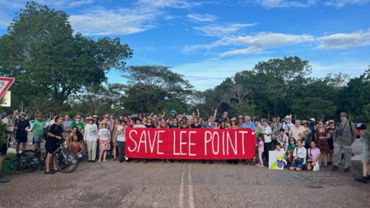 Save Lee Point protesters gathered at the Defence Housing Australia site on Sunday March 31.