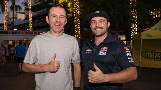 Paul Grimes and Stephen Coyle were among thousands of racing fans welcomed the Night Transporter Convoy into the Darwin CBD ahead of the 2023 Darwin Supercars. Picture: Pema Tamang Pakhrin