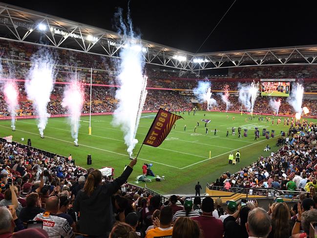 General view as players run out for the Round 9 NRL match between the Manly Sea Eagles and the Brisbane Broncos at Suncorp Stadium in Brisbane, Friday, May 10, 2019.  (AAP Image/Dave Hunt) NO ARCHIVING, EDITORIAL USE ONLY