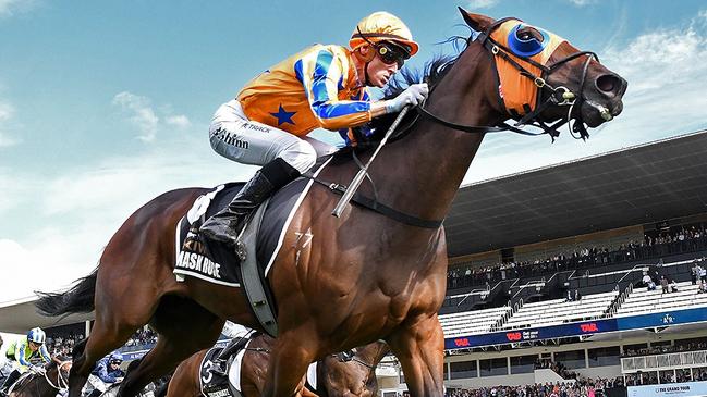 Caption: Damask Rose, ridden by Blake Shinn wins the $3.5m The Kiwi (1500m) at Ellerslie, March 8, 2025. Picture: Kenton Wright (Race Images)