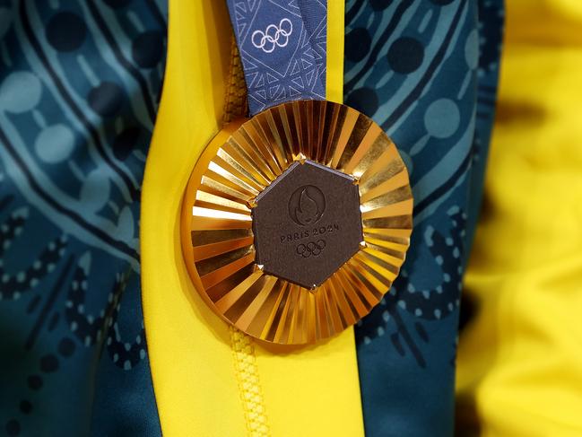 PARIS, FRANCE - AUGUST 02: Detailed view of gold medal of Saya Sakakibara of Team Australia on the podium during the Women's Final on day seven of the Olympic Games Paris 2024 at Saint-Quentin-en-Yvelines BMX Stadium on August 02, 2024 in Paris, France. (Photo by Tim de Waele/Getty Images)