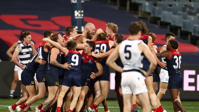 Max Gawn wins the minor premiership after a thriller in Geelong. Picture Michael Klein