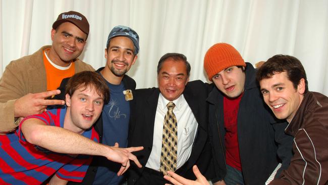 Freestyle Love Supreme, with Lin-Manuel Miranda, third from the left, posing up with former Melbourne Lord Mayor John So. Picture: Supplied. <br/>