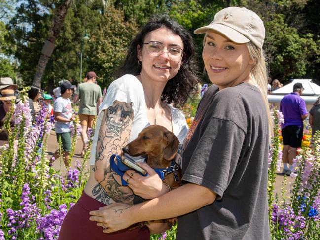 Katie Macedon (left) with Peanut and Shantae Hankin in the Botanic Gardens at Queens Park during the Carnival of Flowers, Sunday, September 22, 2024. Picture: Bev Lacey