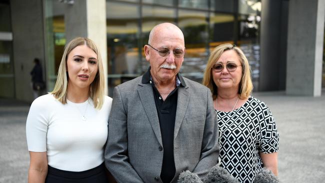 Samuel Thompson’s sister Courtney and parents Bruce and Debbie talk to the media outside the Supreme Court in Brisbane after the sentencing of co-accused Ashley Dyball, who was acquitted of murdering Mr Thompson but found guilty of interfering with his corpse. Picture: NCA NewsWire / Dan Peled