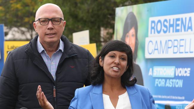 2023 Aston by-election. Liberal party candidate Roshena Campbell campaigning at Lysterfield Primary School with Liberal party leader Peter Dutton. Saturday, April 1, 2023. Picture: David Crosling