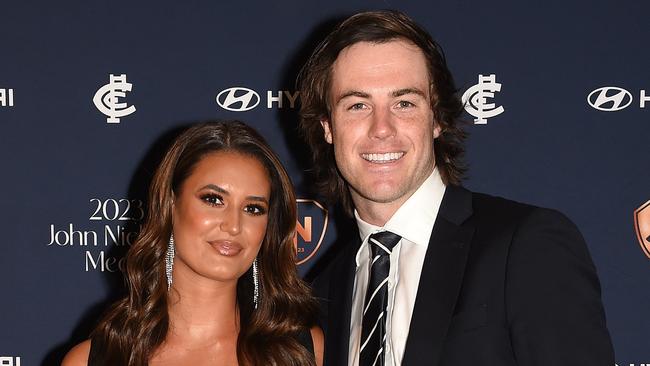 Carlton Football Club award the best and fairest player for the 2023 season at the John Nicholls Medal. Red carpet arrivals at Crown Palladium. (L-R) Kenyah Hura and Lachie Plowman. Picture: Josie Hayden