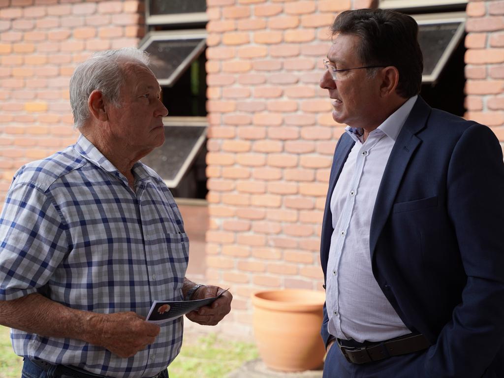 Leo Baretta chatting to potential candidate Charles Pasquale at the Liberal National Party's preselection meeting for the Dawson candidacy. Picture: Heidi Petith