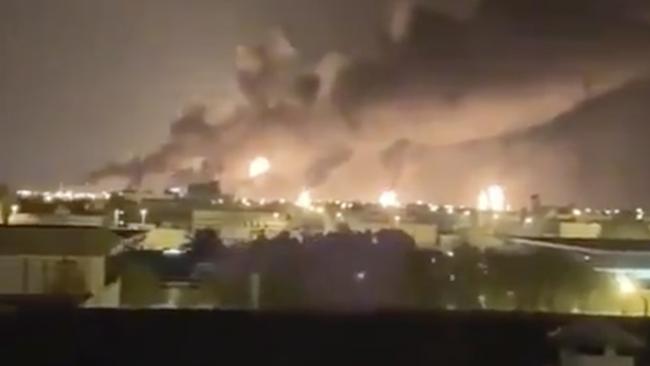 Smoke fills the sky at the Abqaiq oil processing facility in Saudi Arabia. Drones claimed by Yemen's Houthi rebels attacked the world's largest oil processing facility in Saudi Arabia and a major oilfield operated by Saudi Aramco early Saturday, sparking a huge fire at a processor crucial to global energy supplies Picture: AP