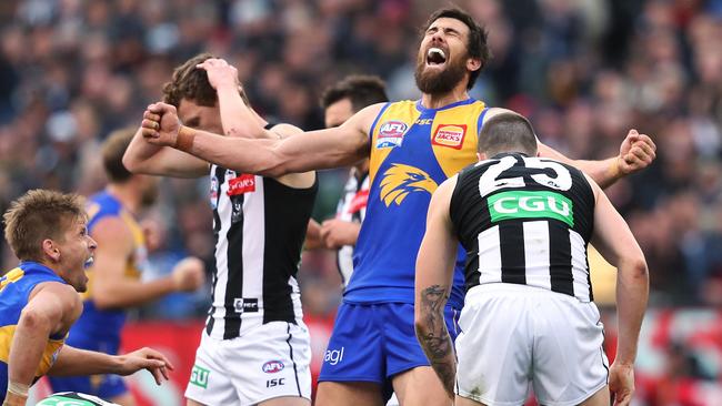 Josh Kennedy celebrates on the final siren after West Coast defeat Collingwood. Picture: Phil Hillyard