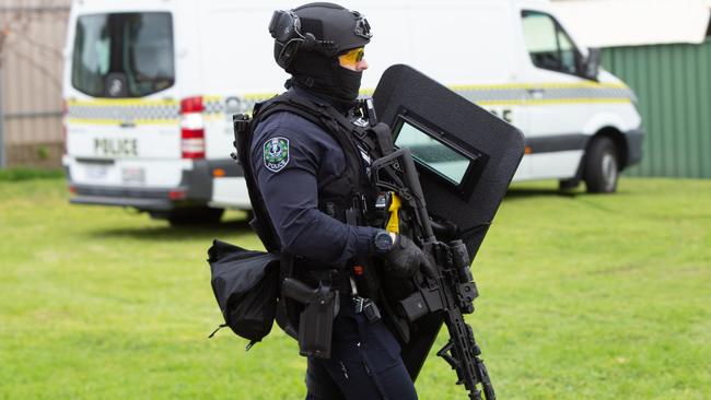 Police responding to a “high risk incident” on a residential street at Campbelltown in Adelaide’s north east. Picture: Brett Hartwig