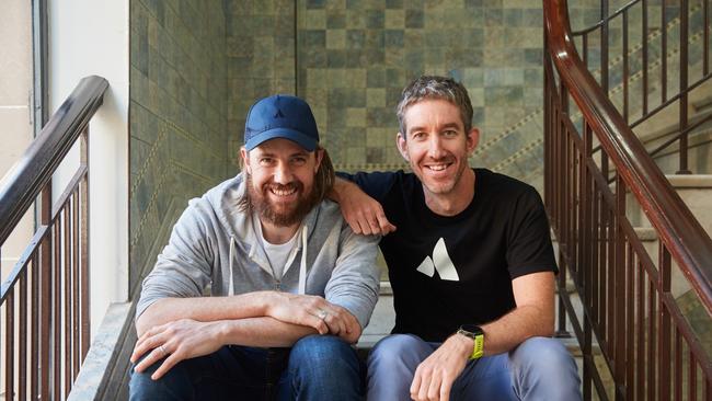 Mike Cannon-Brookes and fellow founder of Atlassian, Scott Farquhar pictured together in their Sydney HQ.