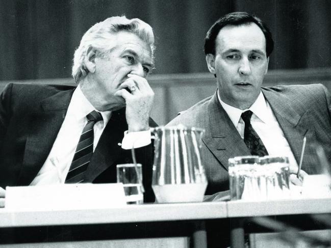 Bob Hawke and Paul Keating at Parliament House in Canberra in 1991. Picture: News Corp