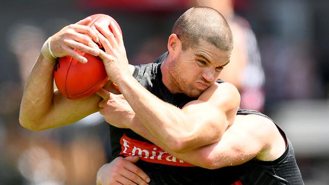 MELBOURNE, AUSTRALIA - FEBRUARY 07: Lachie Sullivan of the Magpies is tackled during a Collingwood Magpies AFL training session at AIA Centre on February 07, 2024 in Melbourne, Australia. (Photo by Josh Chadwick/Getty Images)