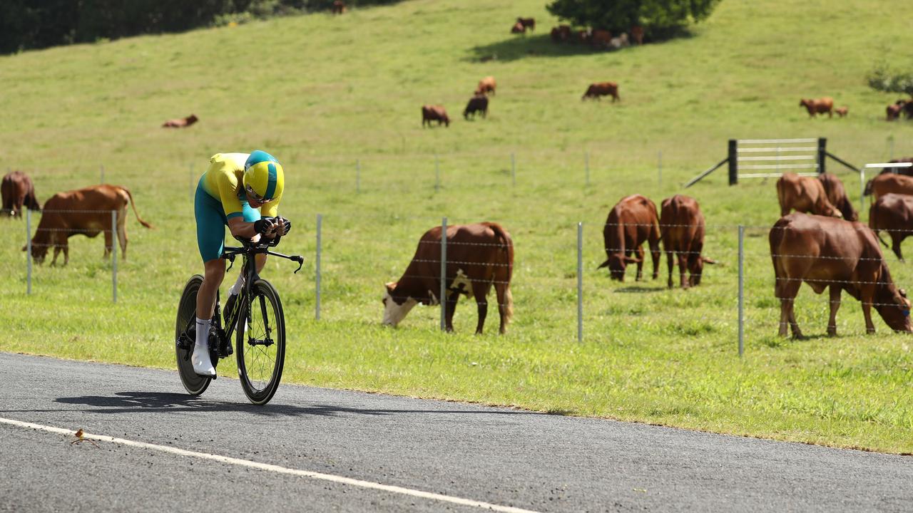 Cameron Meyer on his way to a gold medal in the time trial.