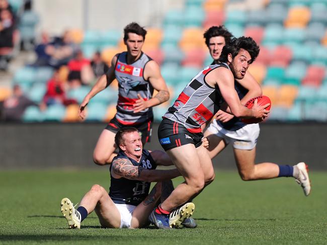 Football.  Tasmanian State League.  Preliminary final.  Lauderdale V Launceston. Phillip Bellchambers Lauderdale and Dylan Riley Launceston.  Picture: NIKKI DAVIS-JONES