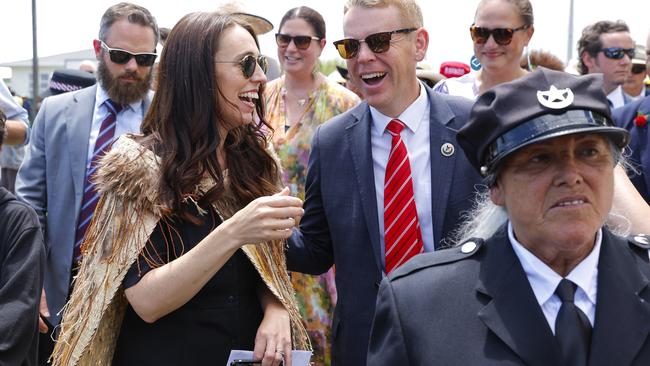 Jacinda Ardern and Chris Hipkins, arrive at the Ratana festival. Picture: Hagen Hopkins/Getty Images.