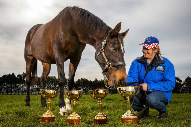 Triple Melbourne Cup winner Makybe Diva, with her strapper Natalie Hinchcliffe, kicked off the Lexus Melbourne Cup Tour. Picture: Mark Stewart