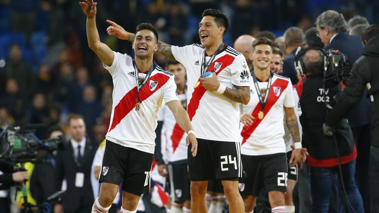 Gonzalo Montiel of Argentina's River Plate heads the ball during a