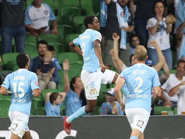 Shayon Harrison celebrates after scoring a goal for Melbourne City during the Round 24 A-League match between Melbourne City and Brisbane Roar at AAMI Park in Melbourne, Friday, April 5, 2019. (AAP Image/David Crosling) NO ARCHIVING, EDITORIAL USE ONLY
