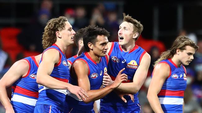 GOLD COAST, AUSTRALIA – JULY 17: Jamarra Ugle-Hagan of the Bulldogs during the round 18 AFL match between Gold Coast Suns and Western Bulldogs at Metricon Stadium on July 17, 2021 in Gold Coast, Australia. (Photo by Chris Hyde/AFL Photos/via Getty Images)