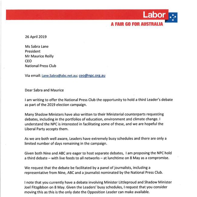 The Labor Party letter proposing a debate compromise.