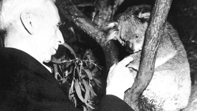 A picture taken in 1950 of British academic Bertrand Russell with a koala during a trip to Australia.